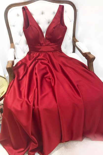 V Neck Red Satin Prom Dress Evening Dress