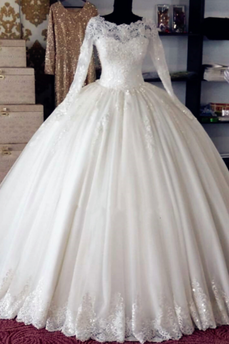 Long Sleeves Floor Length Tulle Wedding Gown Featuring Train