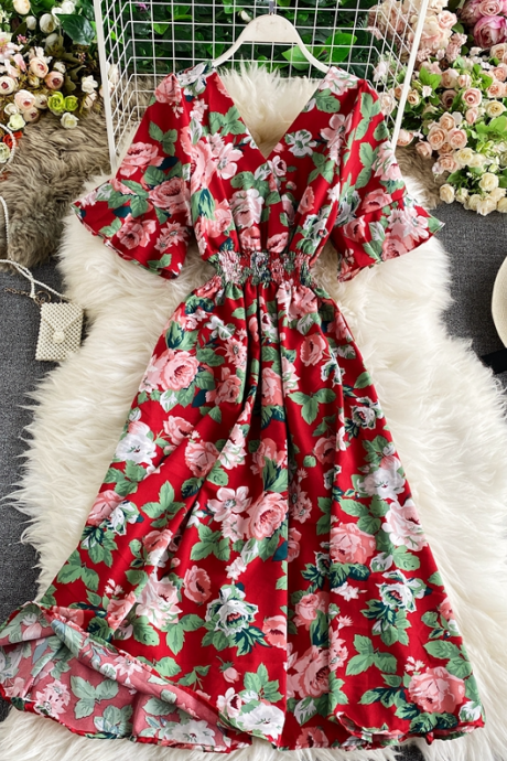 Cute V Neck Floral Dress Fashion Dress