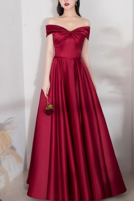 A-line Dark Red Satin Long Prom Dress