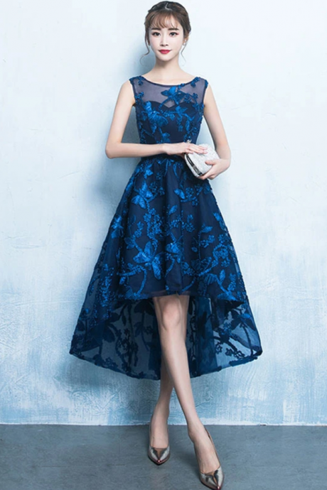 Dark blue high low short prom dress