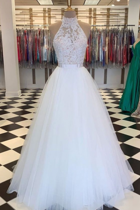 High Neck Tulle Lace Long Prom Dress White Lace Evening Dress