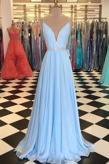 Light Blue Spaghetti Straps A Line Prom Dress, Beaed Long Evening Dress