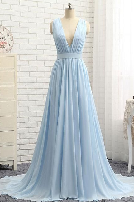 A Line Blue V Neck Chiffon Long Prom Dress