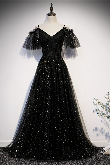 A Line Black tulle lace long prom dress formal dress