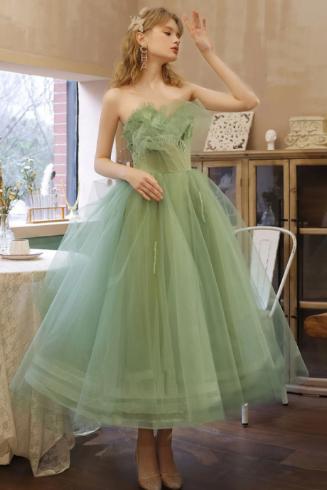 Green Tulle Lace Tea Length Prom Dress