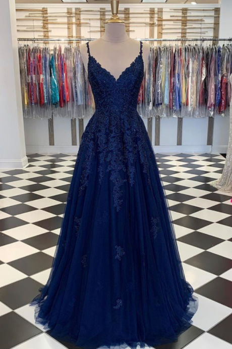 A LIne Blue v neck lace prom dress evening dress
