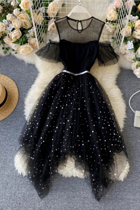 Black Irregular Short Tulle Dress With Mesh Neckline