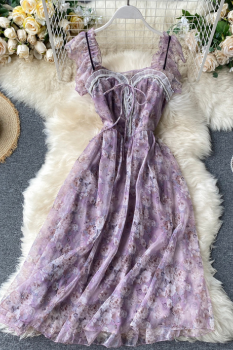 Purple Print Sleeveless Short Dress