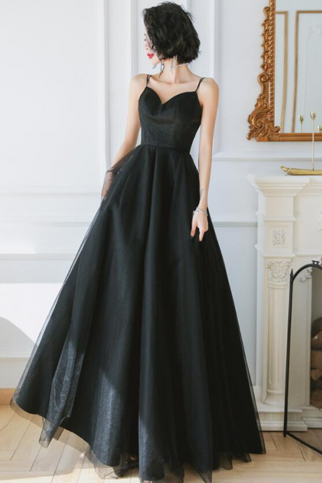 A-line V-neckline Floor Length Evening Dress, Black Formal Dresses