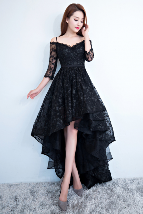 High Low V-neckline Straps Black Lace Formal Dress Homecoming Dress