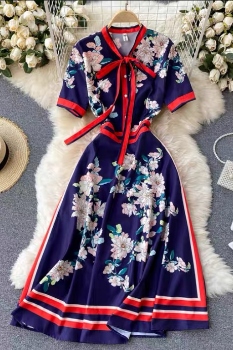 Bowknot Collar Short Sleeve Waist Printed Dress, Vintage Printed Big Dress