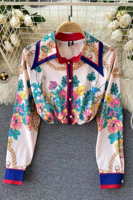 Vintage chain floral print shirt, lapel long sleeves, loose, exotic style top
