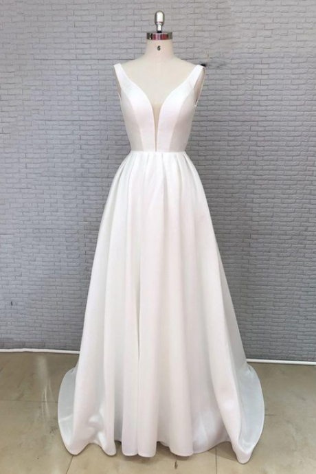 Mermaid White Satin V Neck Long Customize Prom Dress