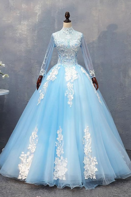 Blue Tulle Lace Long Prom Dress