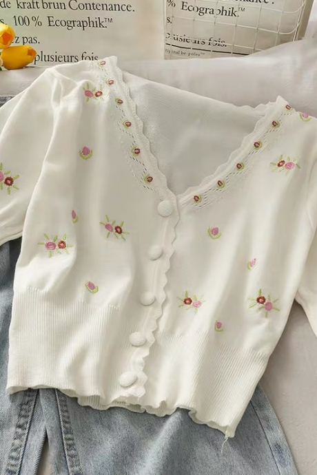 Vintage, Sweet Wind, Embroidered Flower Cardigan, V Neck, Sweet All-match Short Fairy Blouse