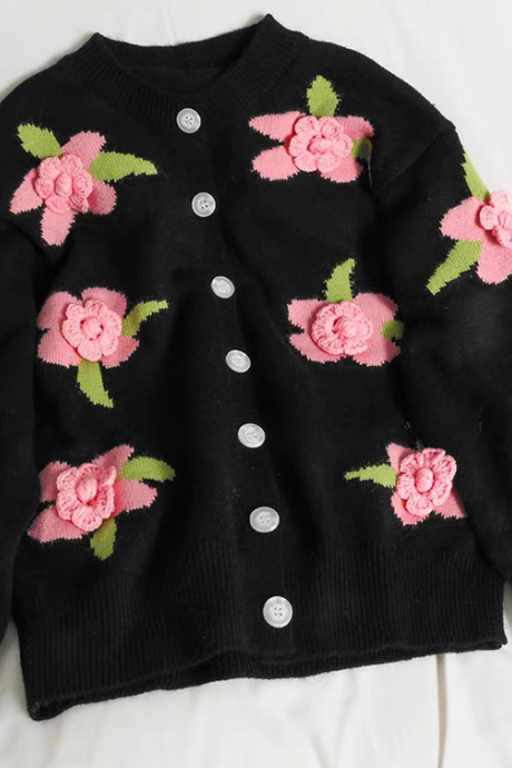 Sweet, solid pink flowers single-breasted cardigan top, loose knit sweater