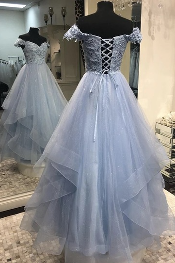 Sweetheart Off Shoulder Tulle Long Prom Dress, A-line Grey Prom Dress