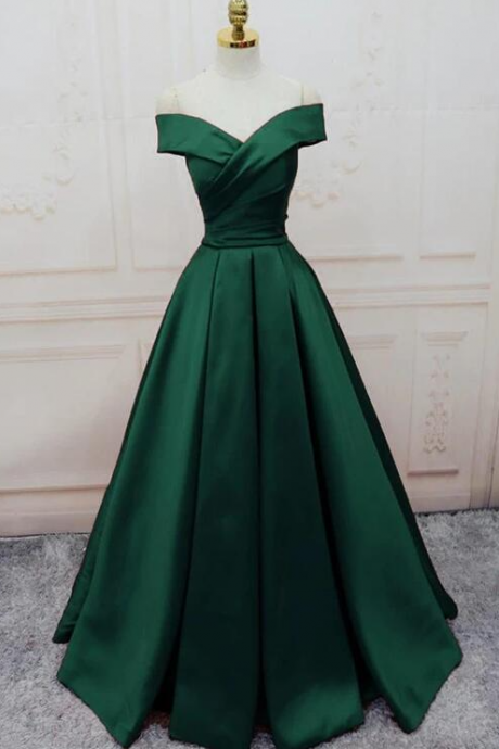 Dark Green Satin Off Shoulder Long Formal Gown