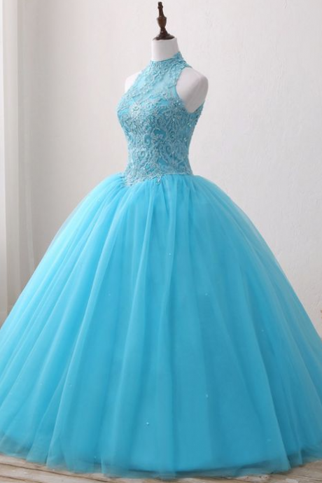 Ball Gown Blue Lace Strapless Long Tulle Quinceanera Dress