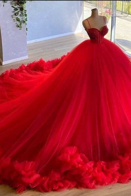 Beauty Spaghetti Straps Red Beading Bodice Tulle Ball Gown Evening Dress