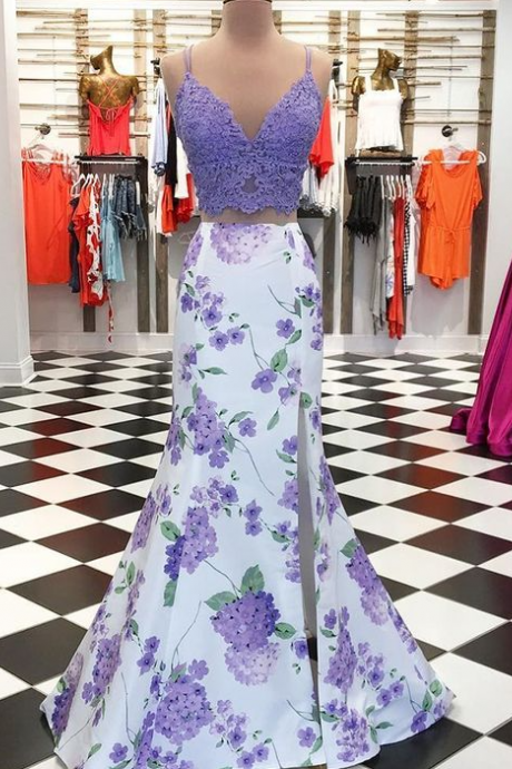 Two Piece Purple Mermaid Floral Slit Prom Dress
