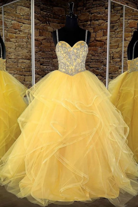 Sweetheart Tulle Long Prom Dress, Yellow Evening Dress