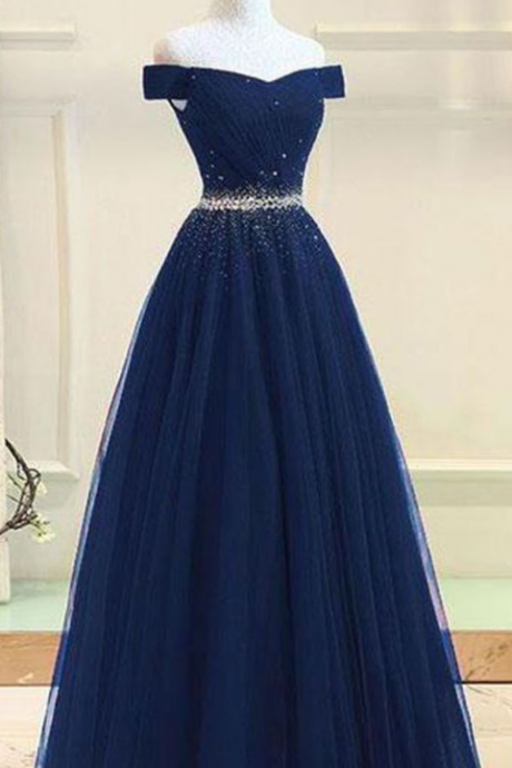 Off Shoulders Navy Blue Tulle Prom Dress With Beading
