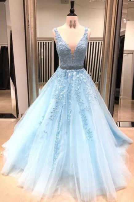 Light Sky Blue Lace Long Prom Dress