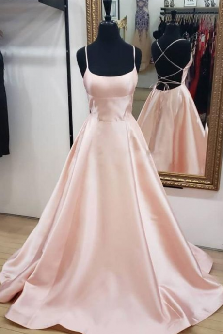 Simple A-line Pink Long Prom Dress With Cross Back