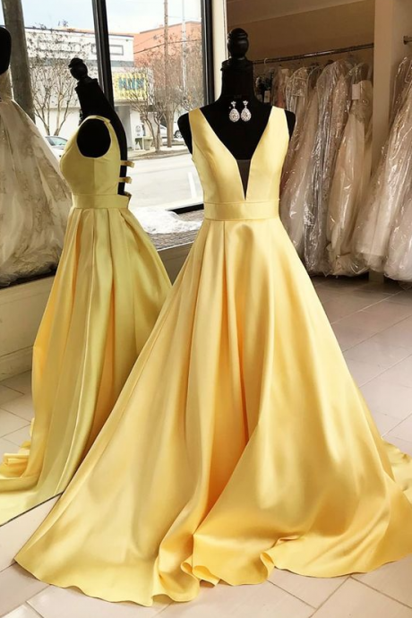 Floor Length A-line Yellow Long Prom Evening Dress 