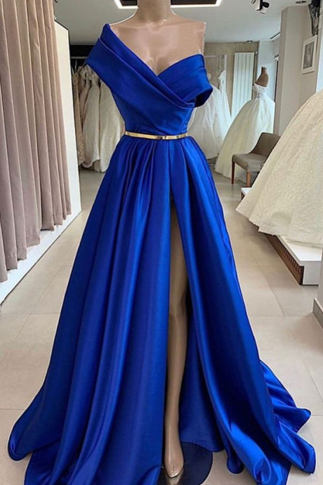 Royal Blue Floor Length Prom Dress With High Slit