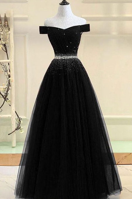 A Line Black Tulle Sequin Long Prom Dress, Black Tulle Evening Dress