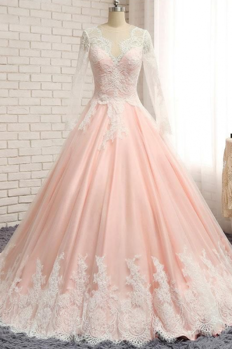 Pink Tulle Long Sleeve Prom Dress Evening Dress