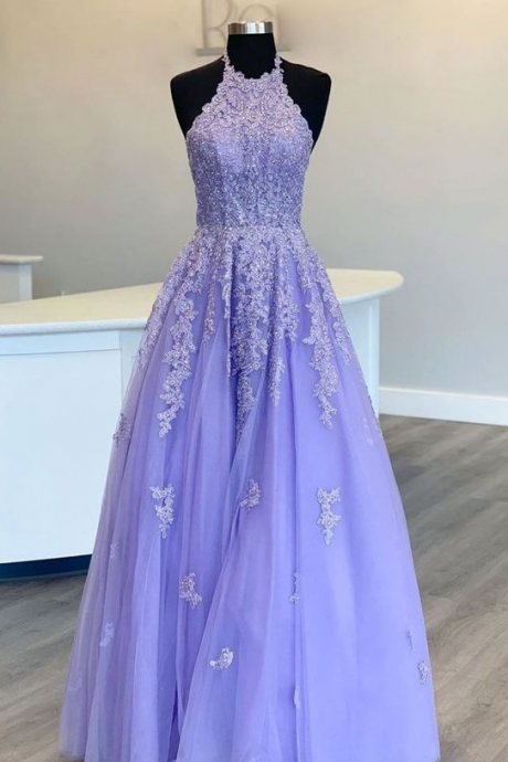 Purple Long Strapless Lace Prom Dress, Evening Dress