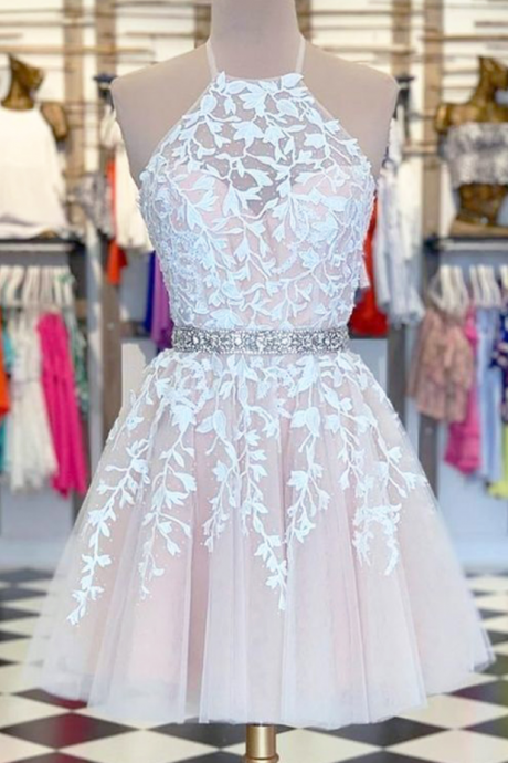 Halter Pink Short Homecoming Dress With Appliques