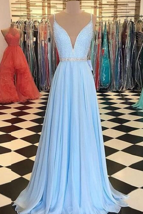 Light Blue Chiffon Prom Dress,mermaid Prom Dress,v Neck Prom Dress