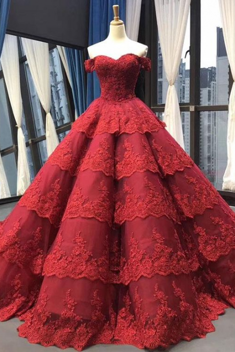 Burgundy Lace Ball Gown Prom Dress With Sleeves