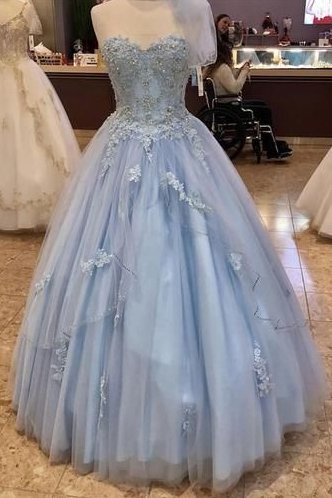 Light Blue Tulle Beaded Strapless Sweet 16 Prom Dress
