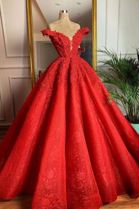 A Line Vintage Red Beaded Lace Wedding Dress