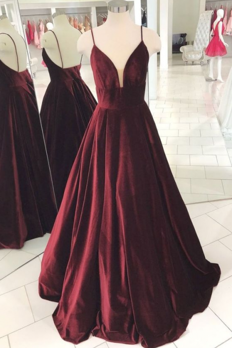 A Line V Neck Burgundy Evening Dress, Burgundy Long Prom Dress