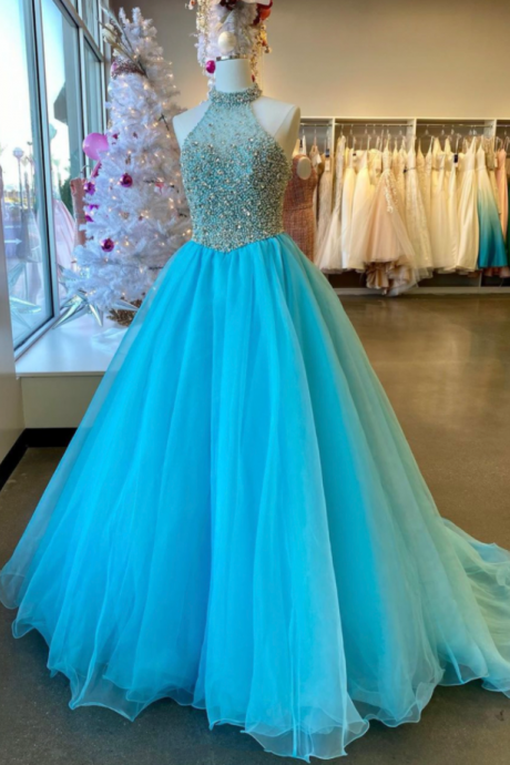 Mermaid Blue Tulle Beads Long Prom Dress Sexy Evening Dress