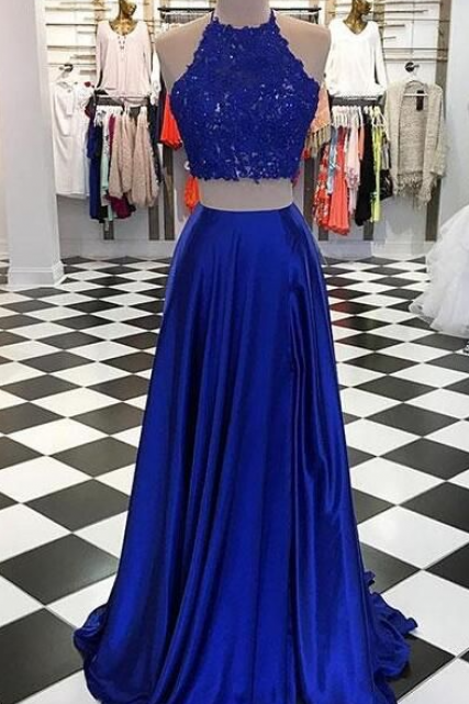 Royal Blue Sexy Two-piece Long Prom Dress With Lace Top