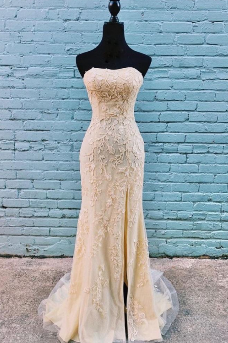 Lace Appliques Long Strapless Prom Dress With Side Slit