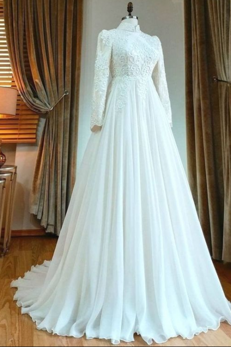 High Neck Lace Appliques Islamic Wedding Gowns