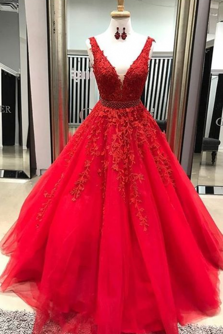 A-line V Neck Lace Beaded Evening Prom Dresses, Sweet 16 Dresses