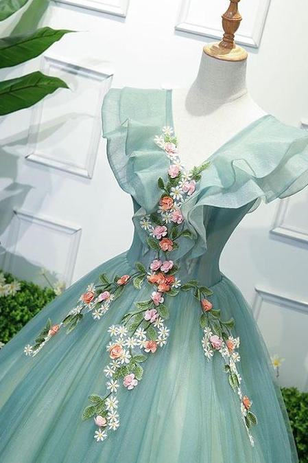 Beauty Green V Neck Tulle Long Prom Dress, Green Evening Dress