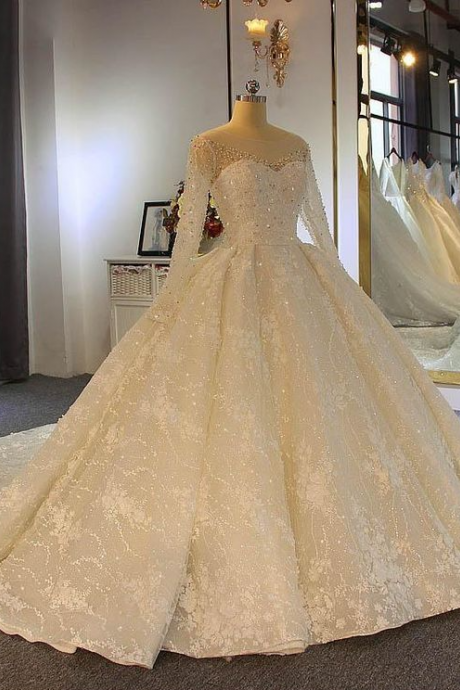 Long Sleeve Lace-Up Ball Gown Wedding Dresses 