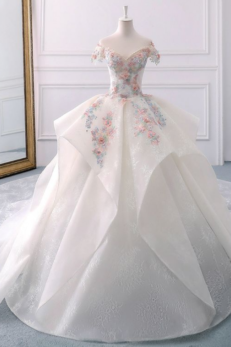 Off The Shoulder Flower Ball Gown Lace Wedding Dress