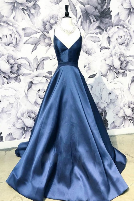 V Neck Dark Blue Long Prom Dress,blue Evening Dress